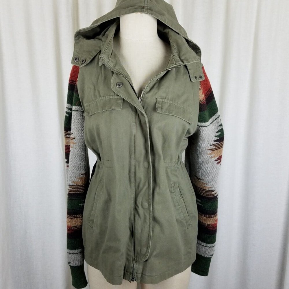 Thread & Supply Olive Utility Jacket with Aztec Knit Sleeves size medium